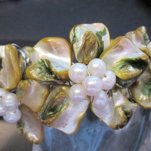 Pearls and Mother of Pearl Flower Cuff Bracelet